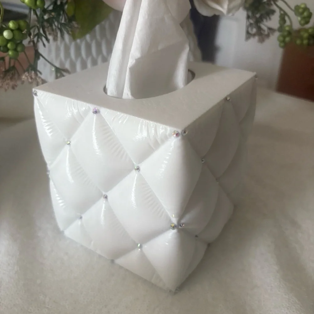 White Quilted Rhinestone Tissue Box Cover. Elegant Home Bath Accessory- 3D print